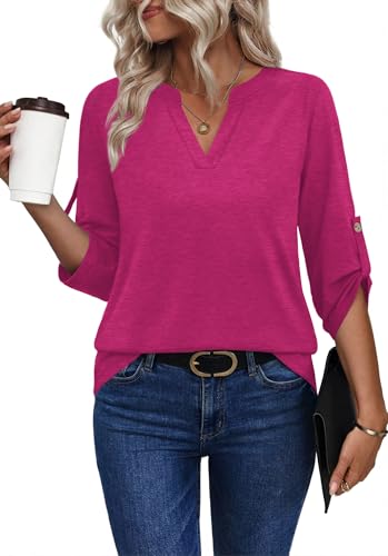 Image of XIEERDUO 3 /4 Length Sleeve Womens Tops V Neck T Shirts Both Side Buttons Blouses Business Casual Outfits Loose Fit