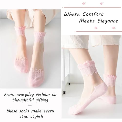 Image of DXYAKY 5 Pairs Sheer Floral Socks for Women, Lightweight Mesh Ankle Lace Socks, Breathable Summer Cute Transparent Stockings