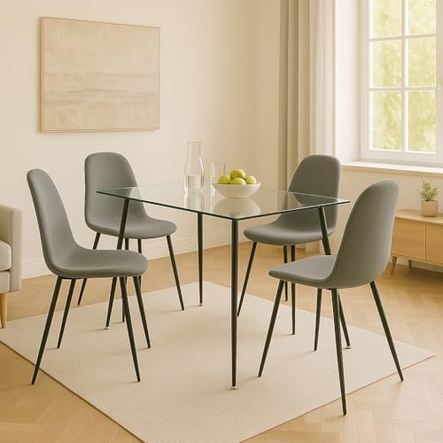 Meyvaser.com Ecommerce Company Table de salle à manger fixe avec plateau en verre et pieds métalliques noirs - 120 x 70 x 75 cm - Design moderne et...