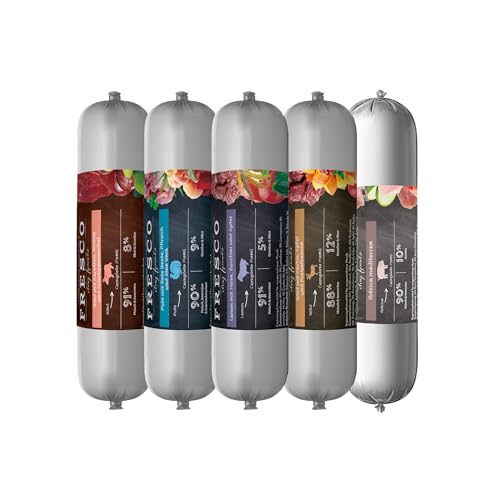 FRESCO Dog Barf Hundewurst schnittfest PROBIERPAKET I 5 x 400g | Lamm, Wild, Rind, Pute, Ibérico | Getreidefrei & hoher Fleischanteil über 86% | Nassfutter für Hunde | Aus Deutschland