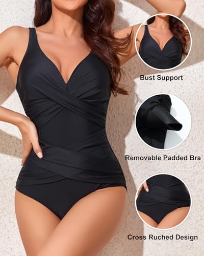 Smismivo Tummy Control Swimsuits for Women Slimming One Piece Bathing Suit Retro Ruched Push Up Vintage Padded Swimwear - Image 4