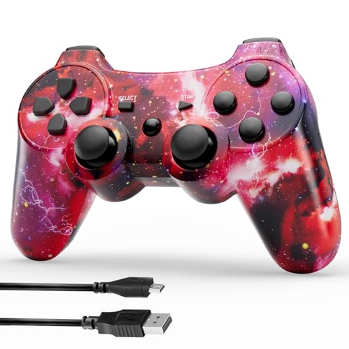 Image of ISHAKO Controller for PS3, Wireless Controller for PlayStation 3 /PC Windows, Upgraded Joystick with Dual Vibration and 6-Axis Motion Control, Ergonomic Design - Red Galaxy