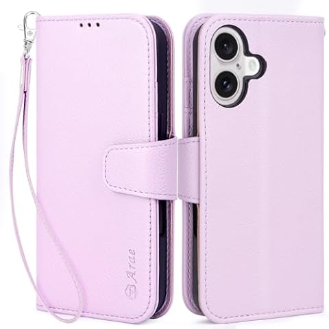 Arae Compatible with iPhone 16 Plus Case Wallet with Card Holder and Wristlet Strap Wallet Flip Cover for iPhone 16 Plus 6.7 inch Men/Women, RFID Blocking, Kickstand, Litchi Lilac Cover