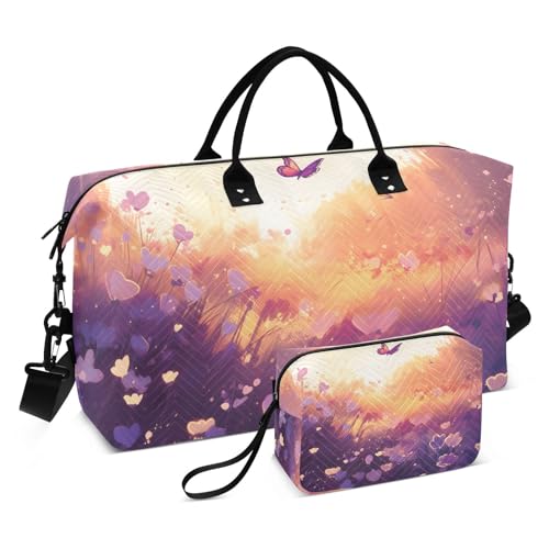 Large Travel Duffel Bag, Purple Butterfly Sunlight Sport Tote Gym Bag, Shoulder Weekender Overnight Bag for Women Men, Carry On Luggage with Toiletry Bag
