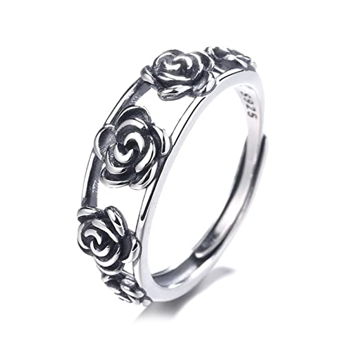 Bague réglable en 925 argent massif au style rose vintage élégant pour femme