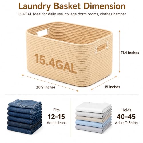Image of 15.4GAL Woven Laundry Basket for Kids, Cute Boho Square storage basket for Living Room Decor, Baby Girls Boys Toys Stuffed Animal Decorative Short Hamper for Dirty Clothes, Bath Towel Oatmeal