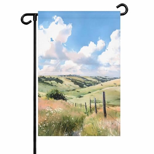 Spring Landscape Garden Flags for Outside Decoration Pastoral Natural Green Grassland Blue Sky Large Yard Flag Burlap Seasonal Holiday Outdoor Decor 28x40 Inch Vertical Double Sided