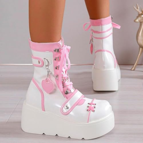 SACFOF Women's Combat Boots Lace Up Wedge Chunky Platform Ankle Booties Goth Punk Cute Heart Lace Up Rave Booties with Chain2