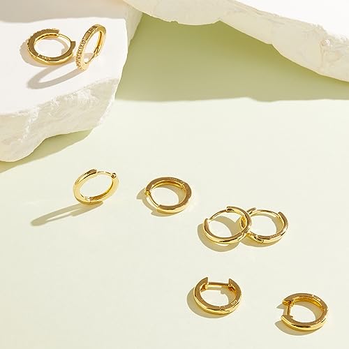 Image of Small Gold Huggie Hoop Earrings Set for Women Men Hypoallergenic 14K Plated Stack Cartilage Earrings, Sterling Silver Multiple Piercing Lightweight Mini Thin Cute Dainty Trendy Jewelry Gifts for Women