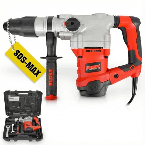 HECHT Profi Bohrhammer SDS-Max 1600 W, 9 J, 3530 Schläge/min – elektrischer Schlagbohrhammer mit Meißelfunktion inkl. Koffer, Bohrer & Meißel, Profi Abbruchhammer für Beton & Stein