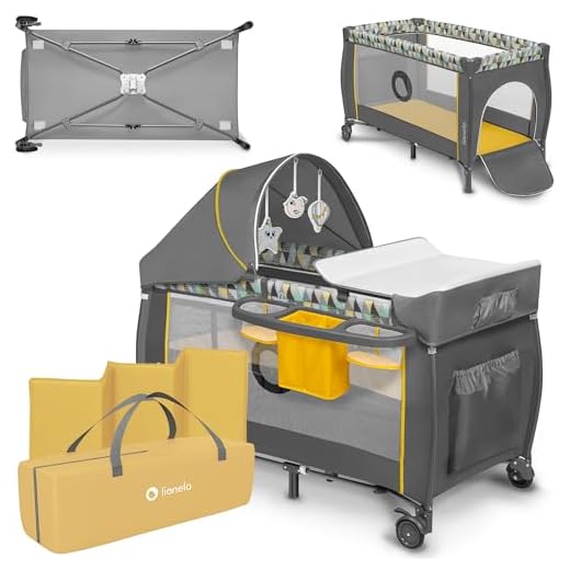 Lionelo Sven Plus 2 in 1 Baby Bett Laufstall Baby ab Geburt bis 15 kg Wickelauflage Moskitonetz luftige Seitenwände mit Seiteneingang Tragetasche zusammenklappbar (Yellow Scandi)