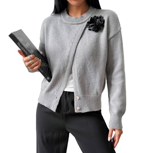 Women Round Neck 3D Floral Decor Knitted Sweater Trendy Long Sleeve Button Down Split Front Pullover Sweater Fall