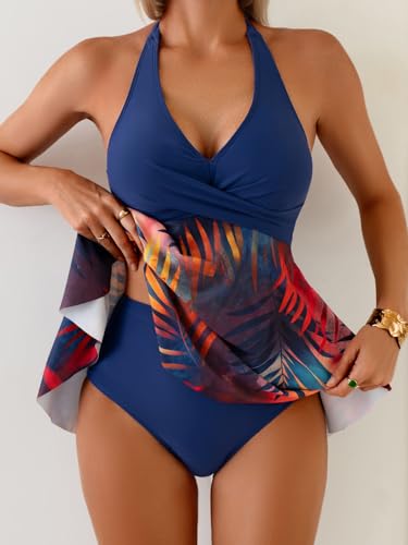 Image of Aidonger Halter Women's Tankini Swimsuits Tummy Control Two Piece Swim Dress Bathing Suits Flowy Swim Top with Short