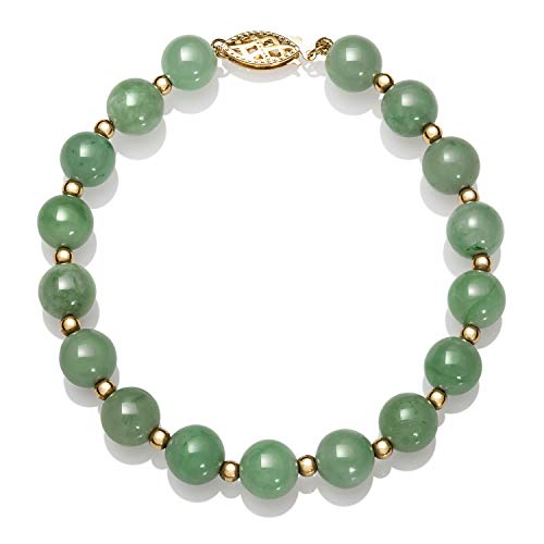 Belacqua Natural Green Jade Bead Bracelet in 14K Yellow Gold, Round 8mm, Length - 6.5 to 8.5 Inches, Fishhook Clasp, Jewelry for Women, Gift Box Included