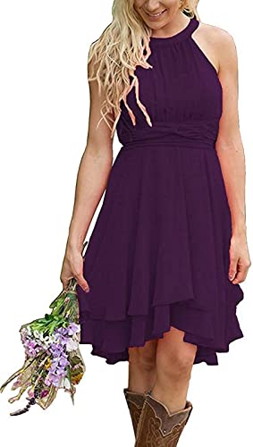 Women's Knee Wedding Guest Dress Country Bridesmaid Dress Halterneck Chiffon Short Homecoming Dress