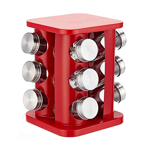 Estante giratorio de acero inoxidable para 12 tarros de especias para cocina, torre cuadrada de almacenamiento de condimentos (rojo)