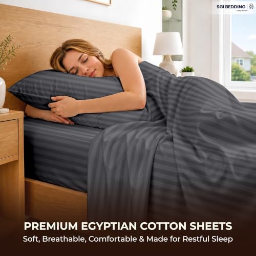 Image of SGI bedding RV Short Queen Sheet Set 60x75, 600 TC Egyptian Cotton, 4 Piece Luxury Hotel Collection, Ultra Soft & Breathable, Fits RV Mattress Camper & Trailer, 15 Inch Pocket, Dark Grey Stripe