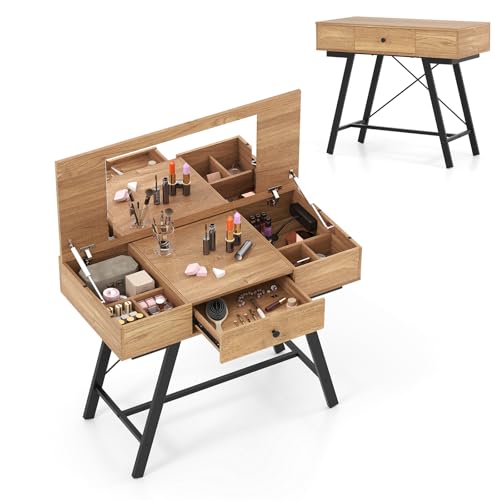GIANTEX Tocador 2 en 1 con Espejo Abatible, Mesa de Maquillaje con 6 Compartimentos de Almacenamiento y 1 Cajón, con Estación de Carga, Escritorio de Tocador para Dormitorio (Natural)
