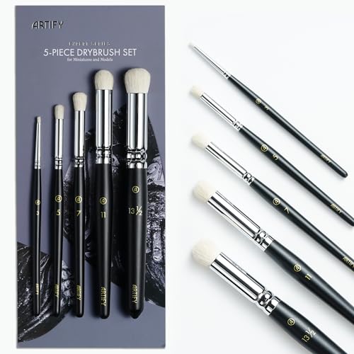 ARTIFY Drybrush Set of 5 Sizes: Expert Series Dry Brush for Effortless Miniature, Model, Ceramics Painting - Hobby Detail Small Acrylic Oil Paint Brushes for Tabletop & Wargames Miniatures