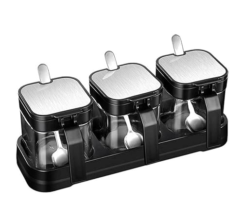 HUANGRUIHUA Tarro Condimento Juego De Sazonadores De 3 Uds, Tarro Combinado De Cocina, Salero De Vidrio, Tanque De Granos, Juego De Azúcar con Tapa, Cuchara Y Bandeja Recipiente Cocina