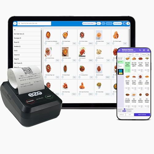 Image of EZO 58mm 2 Inch Printer + Software Subscription Direct Thermal Billing Machine with USB & Bluetooth Connectivity and Rechargeable Battery, Includes 5 Rolls & QR Review Standy (60 Months Software)