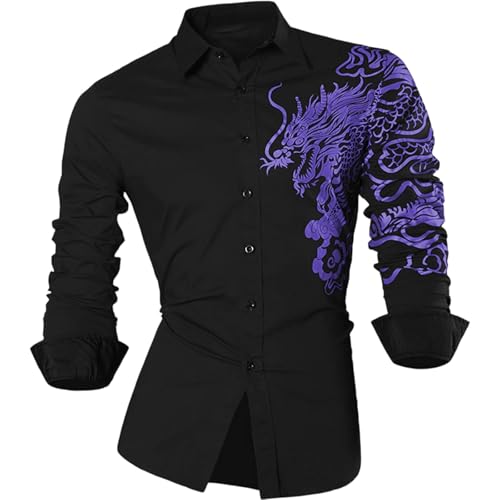 Roobeety Camisa para hombre con bordado de dragón – Camisa de negocios de manga larga con corte entallado | Camisa exterior llamativa para fiestas y ocasiones especiales, Style#j01purple, L