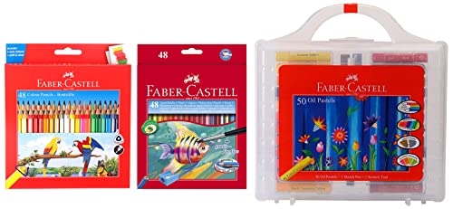 Image of Faber-Castell 48 Triangular Colour Pencils & Oil Pastels Set of 50 Tool Box & Design Series Aquarelle Full Length Water Color Pencils - 48 Shades