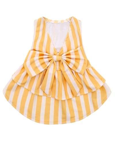 Image of CuteBone UPF50+ Dog Dresses for Small Dogs, Summer Sleeveless Deep V-Back Pet Dress with Big Bow, Breathable Swimwear Fabric, Cooling Stretchy Puppy Clothes for Outdoor Wedding Party Beach DV09XXS