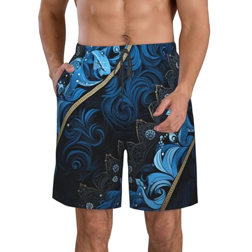 Men's Swim Trunks Blue and Black Pattern Quick Dry Board Shorts Mens Bathing Suit Beach Swimwear with Pockets
