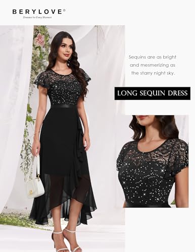 Image of BeryLove Formal Long Dresses for Women Wedding Guest Cocktail Bridesmaid | Airy Lace & Chiffon Evening Gown, Flutter Sleeve, Ideal for Mother of the Bride, Prom, Homecoming Party & Semi-Foraml Events