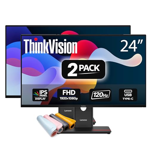 Image of Lenovo ThinkVision T24-40 24 inch Full HD IPS Monitor HDMI DP VGA | Up to 120Hz | VESA Mount | Office Business Displays | W /MAJ Deskpad | 2 Pack
