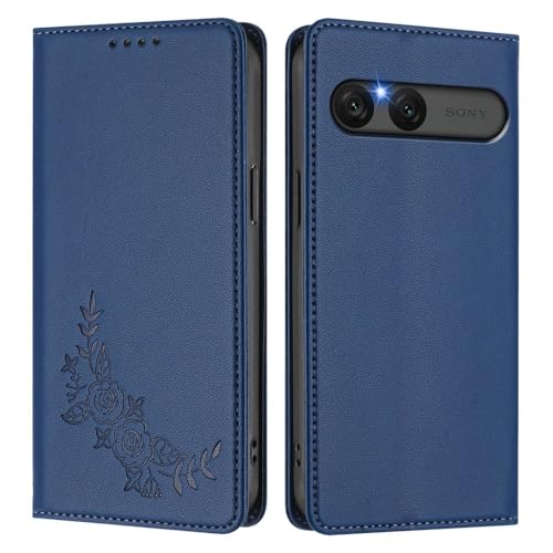 Étui rabat Sony Xperia 1 VI bleu marine avec motif floral poétique et rangement cartes