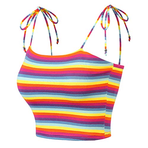 Allegra K Women's Colorful Rainbow Striped Tie Spaghetti Straps Crop Top Sleeveless Summer Cami Tube Tops XS Multicolor Purple