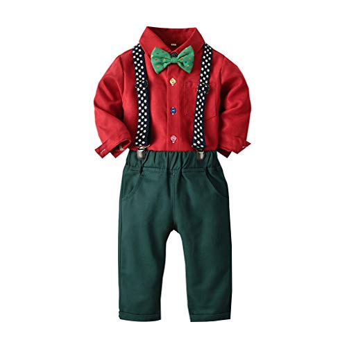 Baby Boys 2Pcs Gentleman Suit Outfits Fall Clothes Set for 0-5T Little Kids Toddler Newborn Bow Tie Shirt+Suspenders Trousers (Red, 18-24 Months)