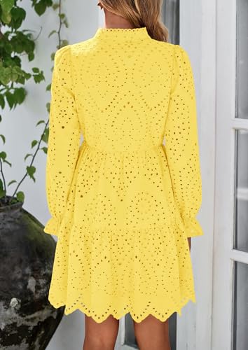 PRETTYGARDEN Women's Spring 2025 Long Puff Sleeve Mini Dress Hollow Out Lace V Neck A Line Ruffle Casual Party Dresses2