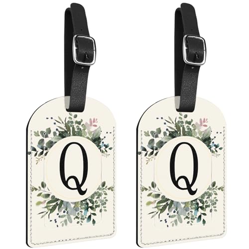 Zewurtuw 2 Pack Initial Letter Luggage Tag Monogram Tag PU Leather Monogrammed Suitcase Tags Cute Leaves Aesthetic Travel Bag Labels for Women Girls(Letter-Q)
