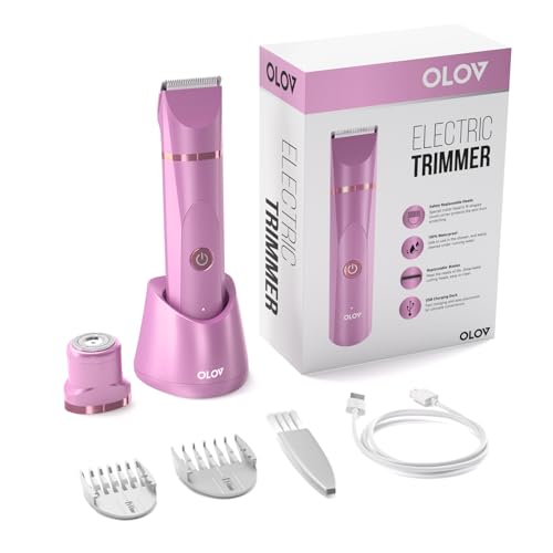Image of OLOV Electric Body Hair Trimmer - Groin Trimmer for Men - Bikini Trimmer Women - Wet /Dry Shaver Groomer, Replaceable Ceramic Blade Heads, USB Recharge Dock, Waterproof Hygiene Razor, Pink
