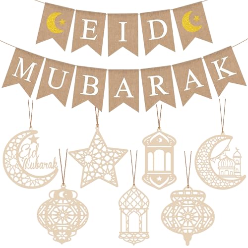 YADODO Eid Decorations for Home 2026 Set with Eid Mubarak Banner Bunting Burlap Gold Wooden Lanterns Moon Star Umrah Hanging Ornaments Islamic Umrah Mubarak Ramadan Decorations for Home Ceiling Wall
