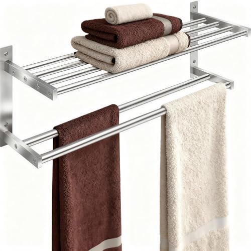 Taaji Towel Racks for Bathroom 24 inch, 2 Tier with Towel Bars, Brushed | Stainless Steel Towel Rack with Shelf, Bathroom Shelf for Towels Storage, Wall Mounted
