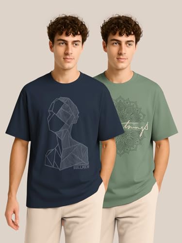 Image of BULLMER Trendy Half Sleeve Oversized Cotton Blend Crew Neck Tshirt for Men - Pack of 2