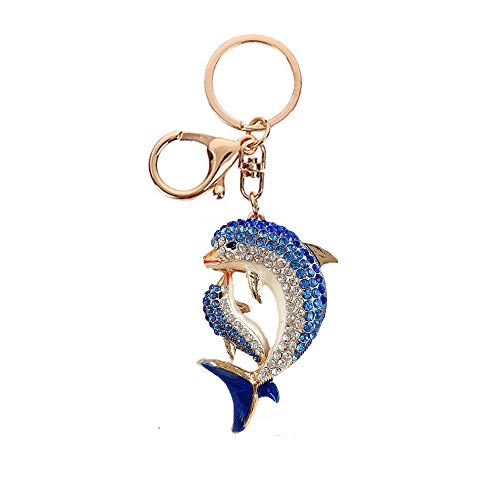 HEYU Nette Schlüsselanhänger, Bling Kristall Kleine Tier Schlüsselanhänger, Gold funkelnde Legierung Charm Schlüsselanhänger (Dolphin Blue)