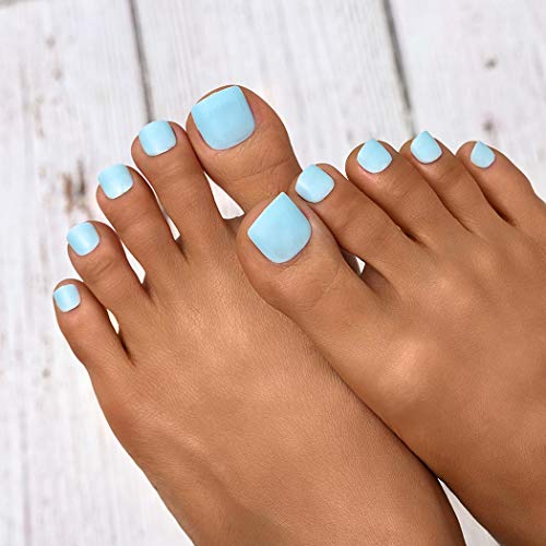 Woeoe Glossy Press on Toenails Blue Short Acrylic Fake Toenail Artificial Full Cover False Toe Nails Tips for Women and Girls (24Pcs)