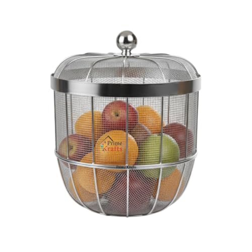 Image of Decorative Insect-Resistant Fruit and Vegetables Basket with Lid | Countertop Mesh (Jaali) Design Fruit Storage Basket for Kitchen, Dining Table, Living Room - Silver