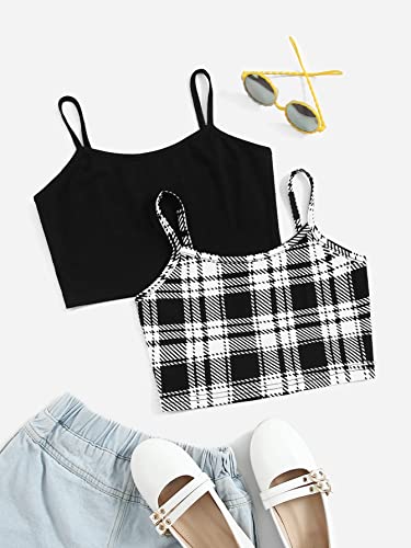 Image of OYOANGLE Girl's 2 Piece Plaid Sleevelee Spaghetti Strap Casual Crop Cami Tank Top