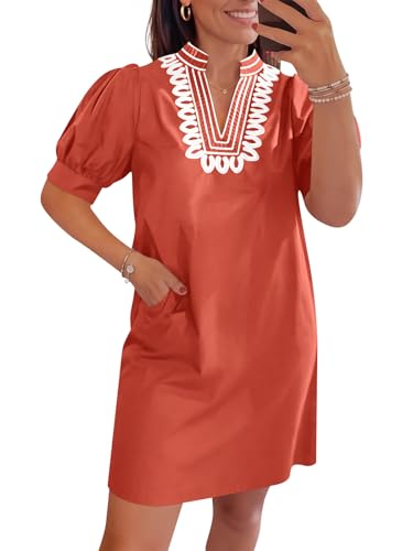 Wenrine Womens Summer Shift Puff Short Sleeve Embroidered Short Dresses