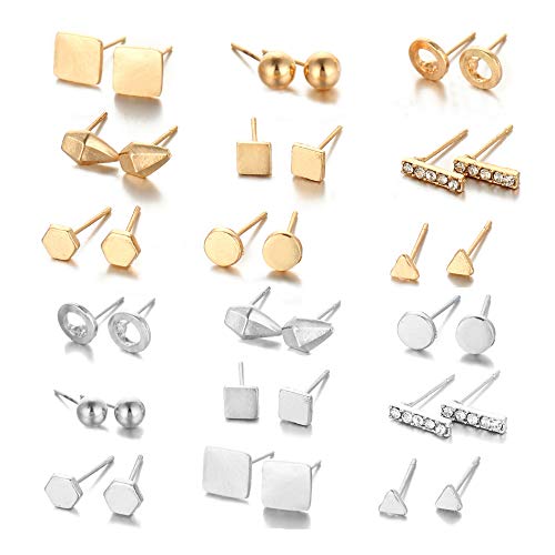 HO2NLE 18 Pares Pendientes Piercing Oreja Cartilago Oro y Plata Pendientes Oreja Pequeños de Acero Inoxidable para Mujeres Niñas Aretes Geométricos Bola Triángulo Surtidos Perno etc