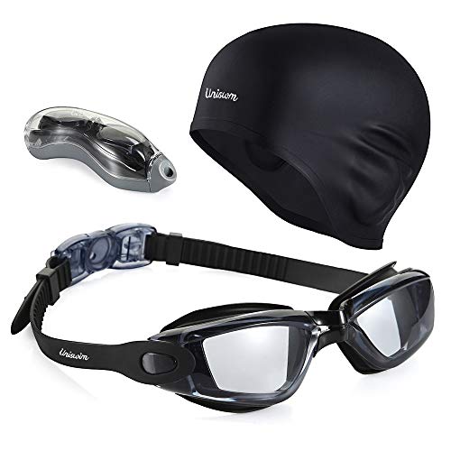 Uniswim Swimming Goggles Swim Cap Set Professional Swim Goggles Silicone Swimming Cap for Women Men Goggles and Cap Adult Swimming -Black.
