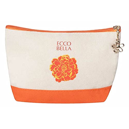 Ecco Bella Marigold Decorated Makeup Bag, Small Multi-functional Cotton Lined Cosmetic Makeup Holder, White Fabric and Orange Zipper