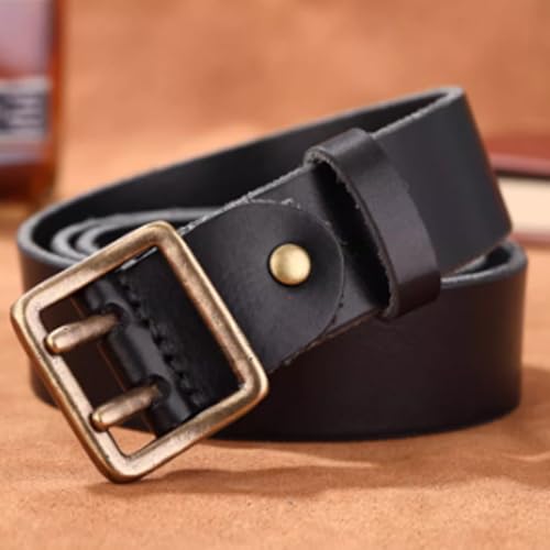 Men's Genuine Leather Casual Belt with Vintage Double Pin Buckle, Country Casual Belt for Jeans Pants, 38Mm Classic Work Dress Belt for Men,Black,105CM/41.3''2