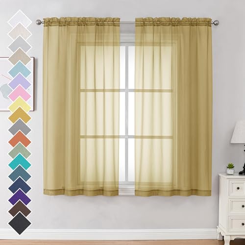 Image of OVZME Gold Sheer Curtains 63 Inches Long 2 Panels - Soft Light Filtering Window Sheer Panels for Living Room /Bedroom, Top Dual Rod Pocket, 1 Pair, Each 42Wx63L Inches